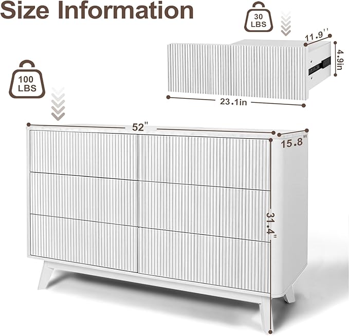 Fluted 6 Drawers Dresser for Bedroom,52" Wide Handleless Chest of Drawers with Faux Marble Top, Wooden Dresser TV Stand, Wood Drawer Organizer for Living Room, Hallway, White