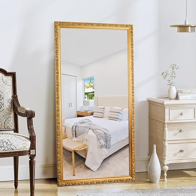 Large Decorative Mirror for Wall Decor, 59''x 29'' Gold Antiuqe Living Room Mirrors with Ornate Carvings Wood Frame, Big Vanity Mirror for Bathroom, Horizontal/Vertical