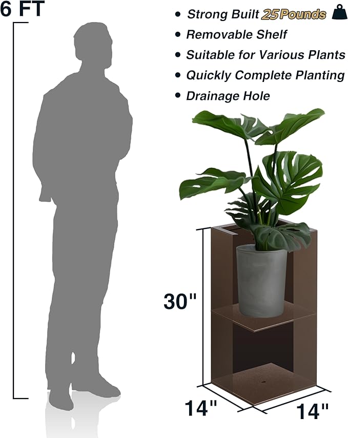 Wallowa Large Planter for Outdoor Plant 14Lx14Wx30H Inches Metallic Heavy Tall Planter Box for Outdoor & Indoor, Rectangular Flowerpot 25Lbs/PC, Espresso, No Assembly and Seamless, Set of 2