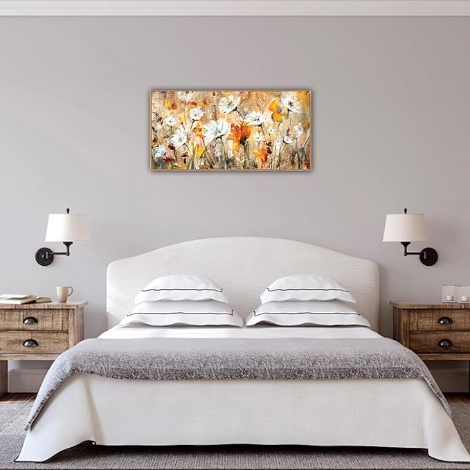 Framed Abstract Floral Wall Art for Living Room Decor Flowers Canvas Wall Pictures White Red Orange Yellow Brown Modern Daisy Artwork Canvas Prints Bedroom Kitchen Office Home Wall Decor 20"x 40"