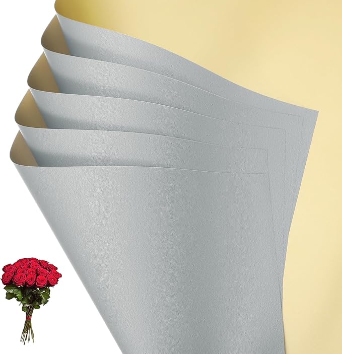 PATIKIL Flower Gift Wrapping Paper, 20 Sheets Double Sided Golden Waterproof Bouquet Paper Wrap Florist Supplies Packaging Floral Papers for Wedding DIY Craft Valentine, Light Gray/Gold