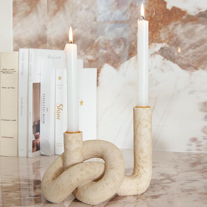 DN DECONATION Knot Shaped Taper Candle Holders - Travertine Resin Candlestick Holders, Candle Sticks Holder Boho Farmhouse Decor Coffee Table Centerpiece for Living Room Fireplace Wedding