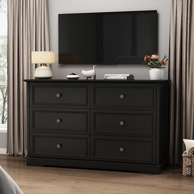 6 Drawer Dressers for Bedroom, Black Wooden Chest of Drawers with Deep Drawers, Closet Dressers with Metal Handle for Bedroom, Living Room