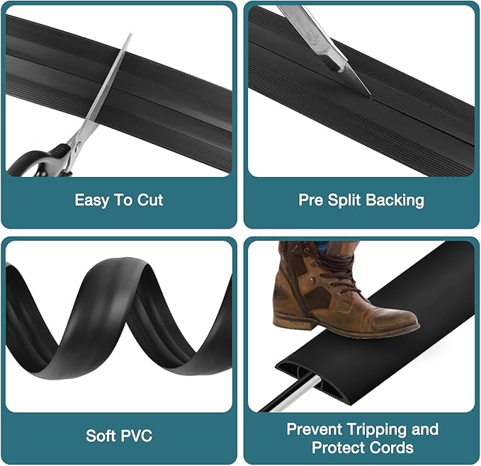Floor Cord Cover, Cable Protector, 0.63W x 0.31H inches, Wire Cover for Extension Cords, Floor Cable Covers Prevent Cable Trips (Black, 50-10 Feet)