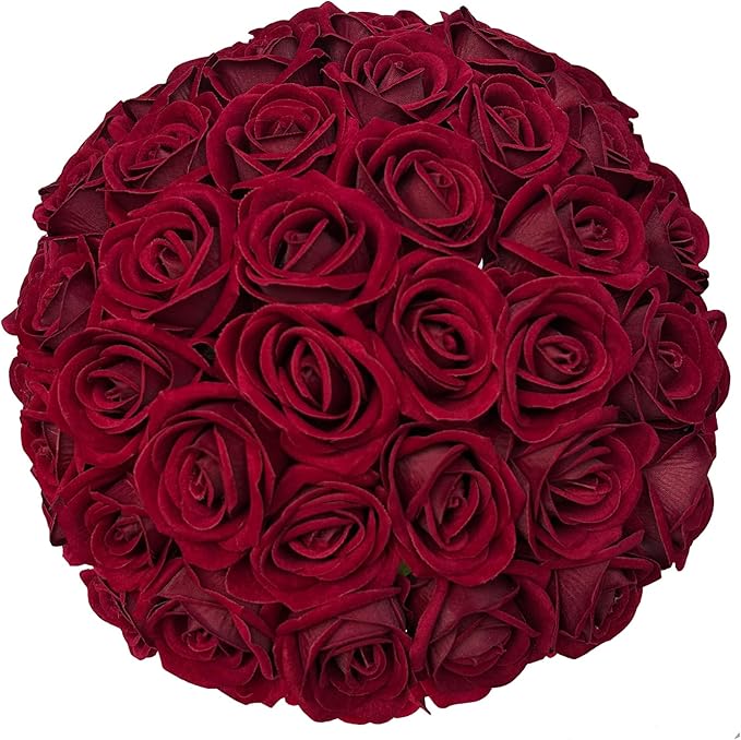 FagusHome 30 Pcs Silk Rose Artificial Flowers Roses Bulk Bouquet Fake Flowers Rose Heads with Stems for Home Wedding Decor (Dark Red)