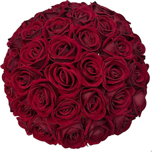 FagusHome 30 Pcs Silk Rose Artificial Flowers Roses Bulk Bouquet Fake Flowers Rose Heads with Stems for Home Wedding Decor (Dark Red)