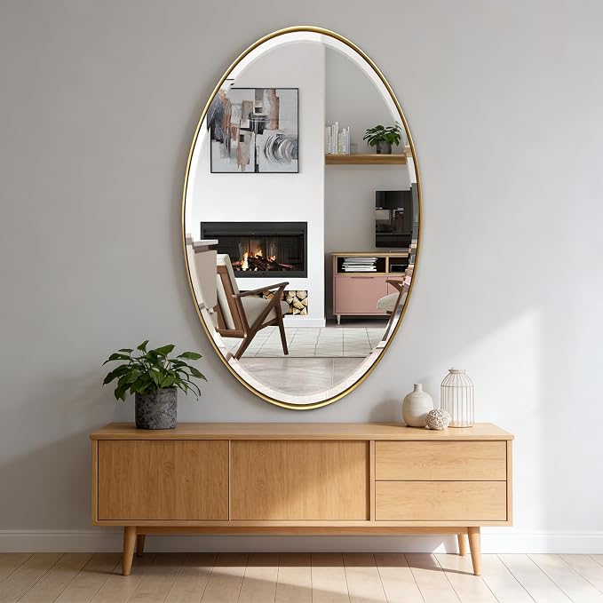 POZINO Beveled Oval Mirror, 28"x48" Brushed Gold Bathroom Mirror with Stainless Steel Frame, Modern Accent Wall Mirrors for Entryway Bedroom Hallway Living Room, Hangs Vertically or Horizontally