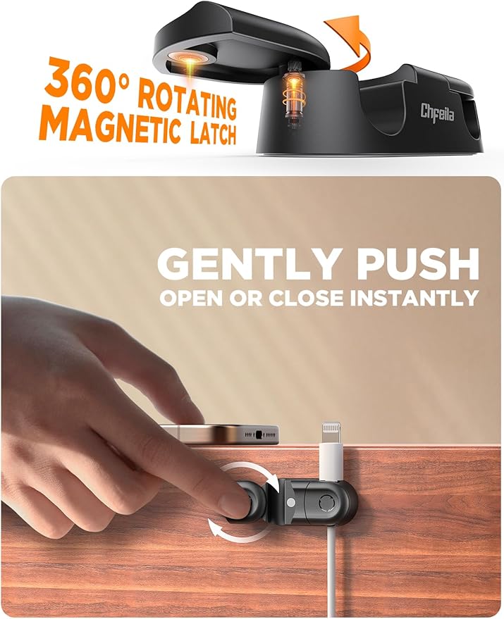 Magnetic Cable Clips - Chfeila 4Pack [Dual Slot] [360°Rotating & Twist-Lock] Cord Management, Adhesive Phone Charging Keeper, Wire Organizer Holder for Nightstand, Home Office Desk Accessories Decor