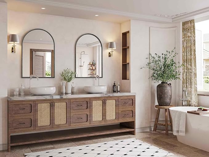 Arched Mirror for Bathroom, 24"x36" Black Arch Wall Mirror, Retro Black Metal Beaded Frame Decorative Mirror for Vanity Accent Bedroom Living Room Entryway Mantel