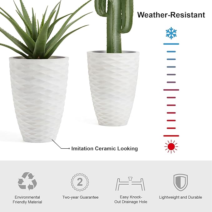 Glitzhome 2 Set 19" Outdoor Planter, Polyresin Modern Decor Large Tall Gardening Containers Flower Pots, White
