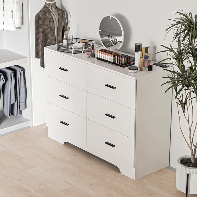 Dresser for Bedroom White Drawer with Power Outlets Wood 6 Drawer Dresser with Large Organizer Tall Modern Chest of Drawers Close for Bedroom Living Room Kids Room Hallway
