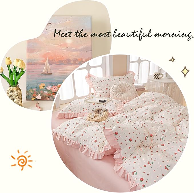 LifeTB Ruffle Pink Strawberry Duvet Cover King 100% Cotton Floral Lace Duvet Cover Cute Floral Bedding Set Kawaii Strawberry Ruffle Comforter Cover Romantic Princess Bedding Cover with 2 Pillowcases