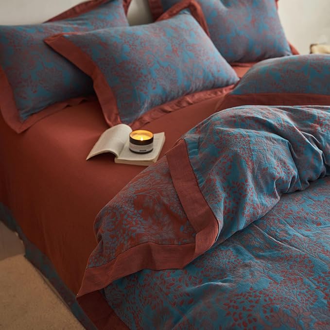 VM VOUGEMARKET Blue Red Duvet Cover Queen,3 Pieces Retro Jacquard Forest Theme Tree Leaves Bedding Set,Linen Cotton Yarn-Dyed Textured Duvet Cover with Zipper Closure