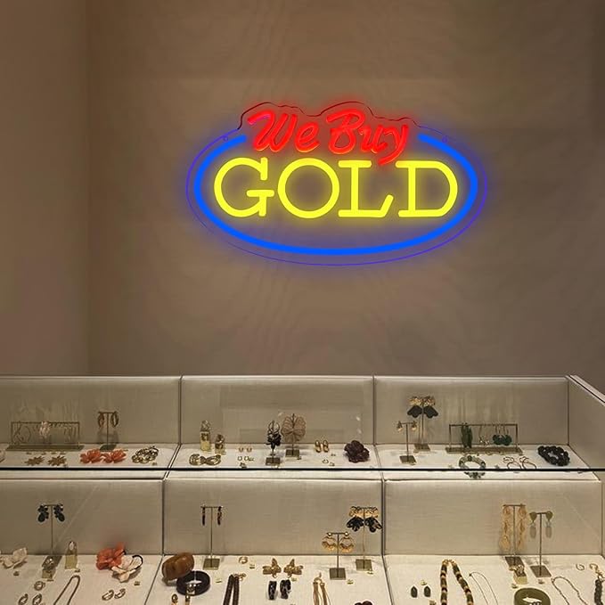 We Buy Gold Neon Sign for Wall Decor, Dimmable Gold Jewelry Shop Store Light up Display LED Light, Red and Yellow Neon Lights for Accessory Store