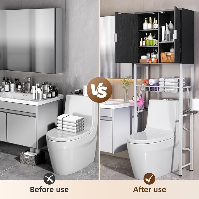 Kalrin Over The Toilet Storage Cabinet with Fluted Wave Doors and Adjustable Shelf, Wood Over Toilet Storage Rack with Drain Basket, Freestanding Bathroom Organizer for Balcony Laundry, Black & White