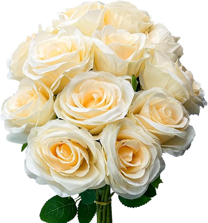 12 PCS Rose Artificial Silk Flowers, Fake Roses with Long Stems Realistic Faux Rose Flower Bouquets for Home Wedding Decoration Party-Champagne