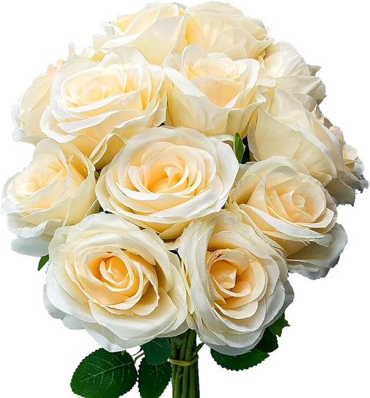12 PCS Rose Artificial Silk Flowers, Fake Roses with Long Stems Realistic Faux Rose Flower Bouquets for Home Wedding Decoration Party-Champagne
