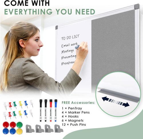 Combination Magnetic Whiteboard & Fabric Board - 36x24 Inches Dry Erase Bulletin Board for Home, School, Office