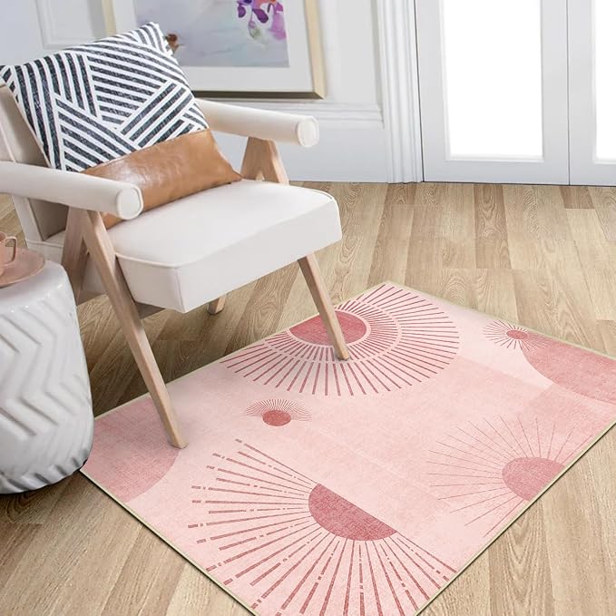 Sun Rug 2x3 for Entryway Mid Century Modern Rugs Machine Washable Boho Geometric Rug Non Slip Printed Low Pile Indoor Door Mat Floor Carpet for Bedroom Bathroom Kitchen Laundry,Pink