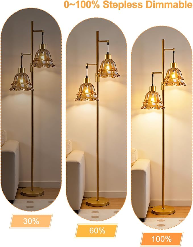 Lightdot 65IN Gold Flower Floor Lamp for Living Room, 2-Light Dimmable with Amber Glass Lampshade, 3000K Warm White Modern Standing Tall Lamp with 5Lbs Heavy Base for Bedroom Sofa Beside Corner Decor