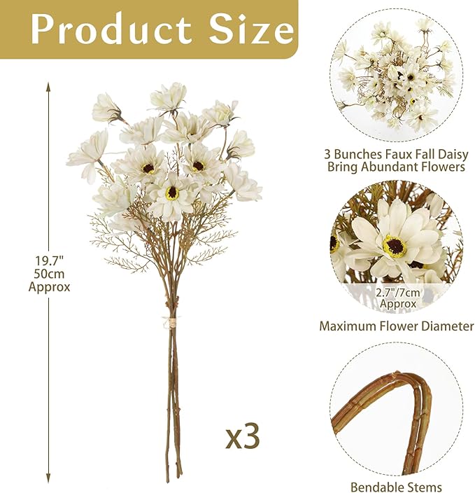 20" Artificial Daisy Bouquets for Fall Table Centerpiece, 3 Bunches Faux Chrysanthemum Flowers with Stems for Floral Arrangements, Autumn Home & Wedding Decor, Fake Wildflowers Mums in Cream White