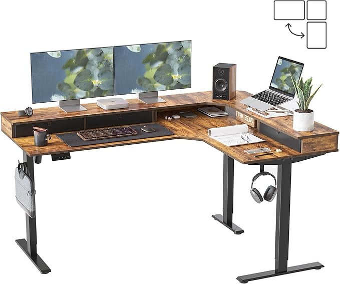 FEZIBO L Shaped Electric Standing Desk, 63x48 inch Large with Drawers | Reversible Tabletop, 2 Memory Height Settings | Home Office & Gaming Height-Adjustable Table, Rustic BrownTop/Black Frame