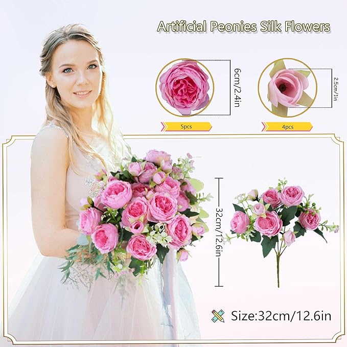 8 Bundles Peonies Artificial Flowers Silk Peonies Faux Flowers Fake Peonies Artificial Flowers Peonies Bouquet for Table Centerpieces Decoration Wedding Decor Home Party Decor (Dark Pink)