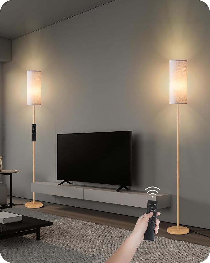 2 Pack Wooden Textured Pole Lamps, Dimmable Floor Lamp for Living Room with Remote and Foot Switch, 64.4” Standing Tall Lamp, Corner Light for Bedroom, Bulb Included, 3000K-6500K, XE06LDP205W1