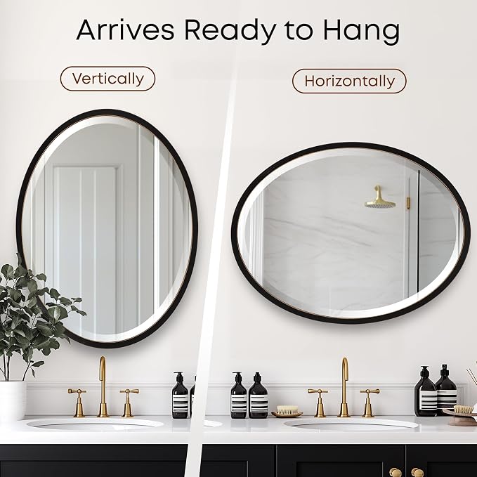 OVALCREST - Oval Wooden Beveled Wall Mirror for Home Decor, Bathroom, Vanity, Bedroom, Living Room, Hallway - London Style (Rubbed Black) 31.1 x 21.1