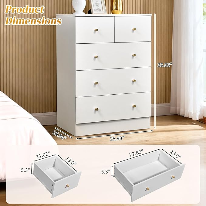 Karl home White 5 Drawer Dresser for Bedroom, Tall Dresser Chest of Drawers, Rustic Wood Bedroom Dressers Clothes Organizer, Anti-Tipping Device, Rose Gold Metal Handle, Living Room, Entryway, Office