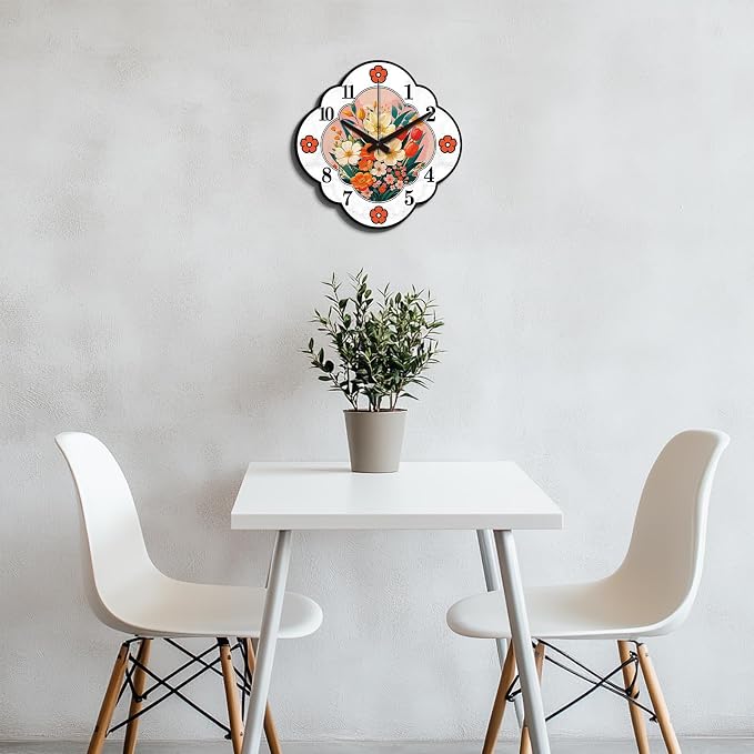 Floral Frame Wall Clock Irregular Shape Decorative Wall Clock Retro Style Flowers Non-Ticking Clock for Home Office Decoration, 12.99×12.99 inch