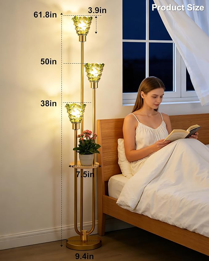 3-Light Modern Glass Floor Lamp with Shelf, Gold Tall Standing Lamp with Green Flower Glass Shade, LED Floor Lamp with Foot Switch& 5Lbs Heavy Base for Living Room Bedroom, Bulb Included