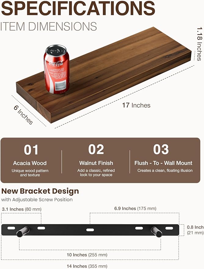 BATODA Set of 2 17" Acacia Wood Floating Shelves Wall Mounted – Rustic Farmhouse Wooden Wall Storage Shelf Bedroom, Kitchen, Home Décor - Brackets and Shelving Mounting for DIY (Walnut Color)