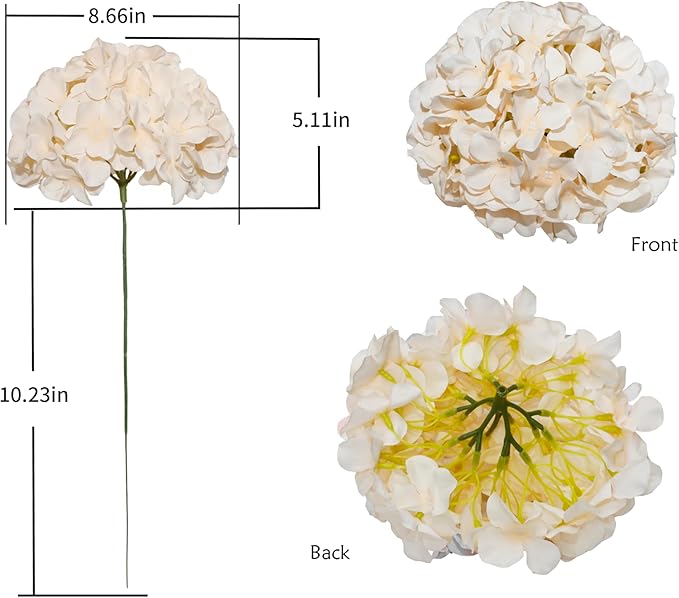DuHouse Hydrangea Silk Flowers Large Artificial Flowers with Stem Fake Champagne Flower Heads for Wedding Centerpiece Home Decor Pack of 6