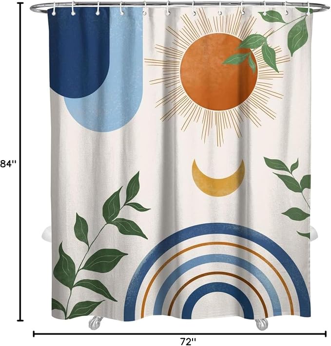 Mid Century Abstract Boho Aesthetic Shower Curtain Set, Blue Nature Leaf Sun Modern Minimalist Home Bathroom Curtain Decor with 12 Hooks 72 Inch Wide * 84 Inch High