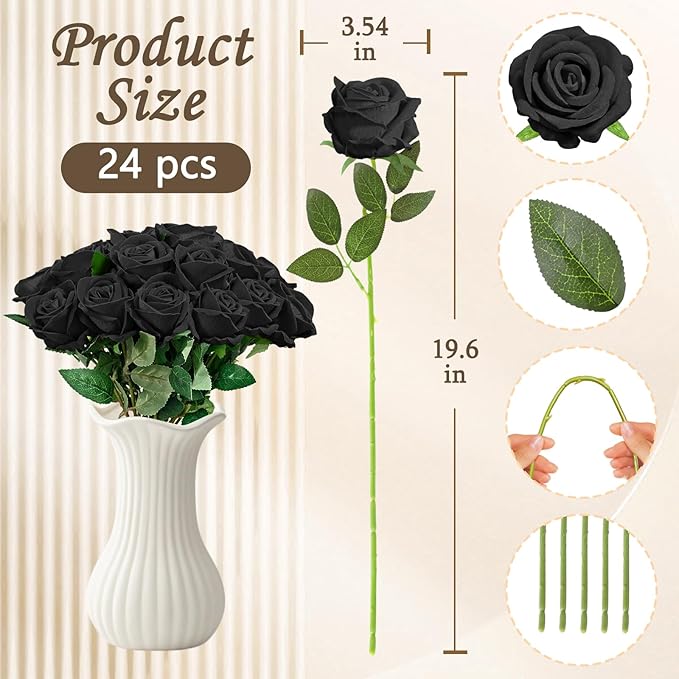 22 Pcs Artificial Roses - Realistic Velvet Flowers with Stems, Bulk Faux Roses for Home Wedding Party Decor (Black)