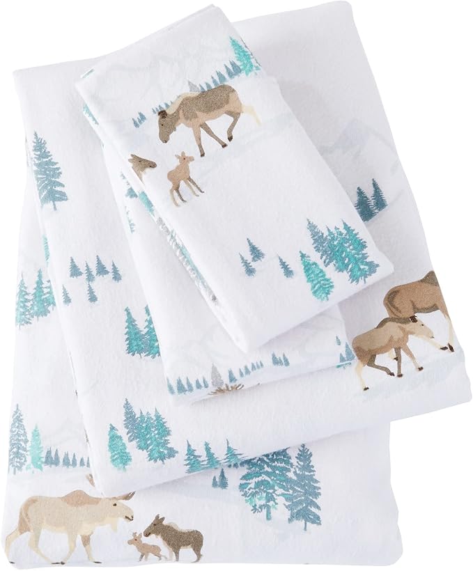 Market & Place 100% Turkish Cotton Flannel Sheet Set | 4 Piece Deep Pocket Novelty Cozy Winter Bed Sheets | Double Brushed for Extra Softness & Comfort | Alpine Collection (Full, Moose)