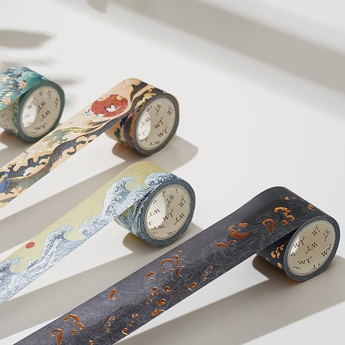 WT Waves of Rebun Washi Tape Set, 4 Rolls, Gold Foil, Decorative Masking Tape, Bujo Planner Supplies, DIY Crafts Tape, Adhesive Wrapping Tape, Paper Tape, Journaling Gifts