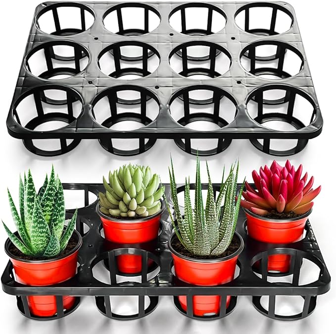 12 Cell Round Nursery Pots Tray, Plant Pot Shuttle Carry Holder and Trays for 4 inch Round Plastic Nursery Pots Flowerpot Carrier Transporting (16.75" 12.43", 2.1" Deep, 5-Pack)