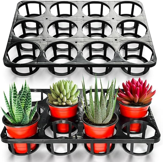 12 Cell Round Nursery Pots Tray, Plant Pot Shuttle Carry Holder and Trays for 4 inch Round Plastic Nursery Pots Flowerpot Carrier Transporting (16.75" 12.43", 2.1" Deep, 5-Pack)