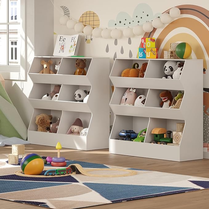 DINZI LVJ Toy Storage Organizer, Kids Bookshelf, Wooden Toy Storage Cabinet, 6 Cubby Children Bookcase, 39.4" L Toddler Book Shelf for Playroom, Living Room, Nursery, Hallway, School, White