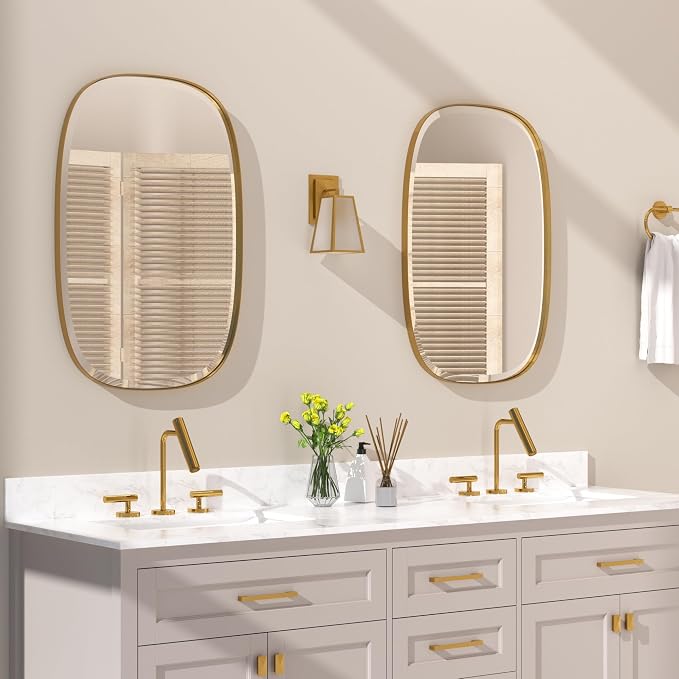 POZINO Brushed Gold Mirror, 20"x30" Brass Beveled Mirrors for Bathroom, Rounded Rectangle Mirror, Modern Vanity Wall Mirrors in Premium Stainless Steel Frame Hangs Horizontal Or Vertical