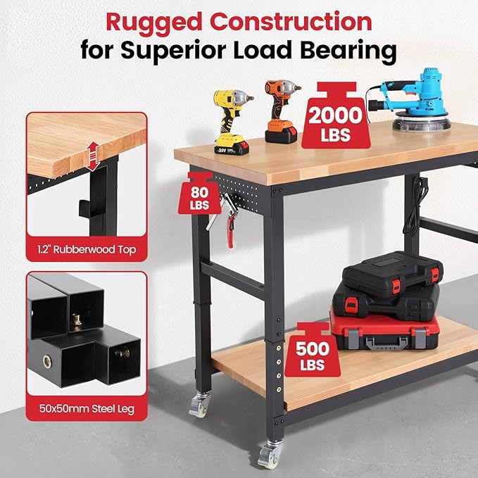 Workbench with Wheels 48 Inch Adjustable Height Work Table with Under Table Shelf, Pegboard, Power Outlets Work Bench for Garage, Home, Office, Workshop
