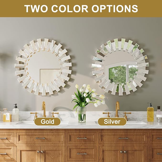 Silver Round Sunburst Wall Mirror - 26" Large Beveled and Birrored Edge Elegant Modern Bohemian Sun Wall Decorative Mirror for Entrance Bedroom Living Room Hallway Bathroom Fireplace Dining Room