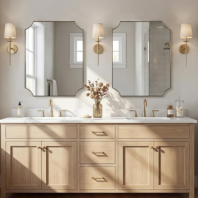 ANDY STAR 28"x36" Gold Mirror, Brushed Brass Bathroom Vanity Mirror, Scalloped Wall Mirror with Rust-Proof Stainless Steel Metal Thin Frame Deep 1", Hangs Vertically or Horizontally
