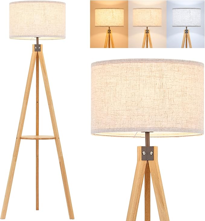 ELYONA Wood Floor Lamp for Living Room, Japandi Tripod Standing Lamp with Linen Shade & Wood Tray Table, Shelf Floor Lamp for Bedroom, Office, Dining Room, LED 3 Color Temperatures 9W Bulb Included