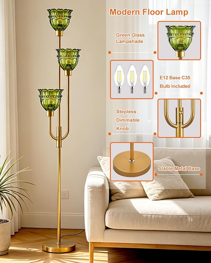 Lightdot 66IN 3-Lights Modern Glass Floor Lamp Gold Dimmable Floor Lamps with 3000K Warm White Bulbs for Wedding Party Tall Standing Lamp with Green Glass Shade for Living Room/Bedroom/Home Decor