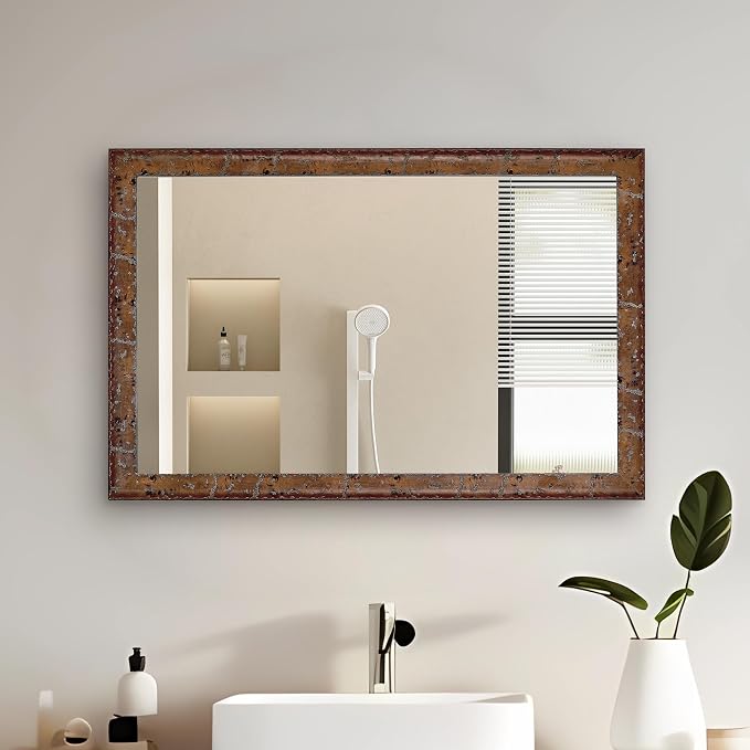CULER Wood Wall Mirror for Bathroom,Rectangle Rustic Brown 20 x 30 inch Hanging Vanity Farmhouse Mirrors with Wooden Frame for Living Room,Bedroom,Entryway