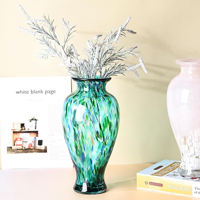 11.8" Tall Turquoise Glass Vase Beautiful Hand Blown Glass Vase Modern Art Home Decor, Wide Mouth Colorful Vases for Mantle Dining Table Centerpiece, Entryway Living Room Wedding Decoration
