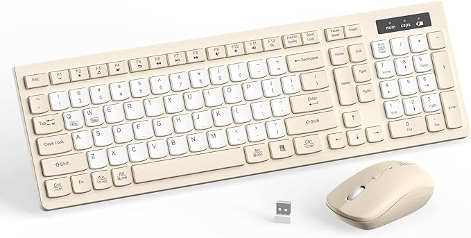 Silent Wireless Keyboard and Mouse Combo, Full-Sized Wireless Keyboard and Adjustable DPI Mouse, 2.4GHz USB Receiver, Keyboard and Mouse for PC, Windows, MAC, Desktop, Laptop(Latte-Color B)
